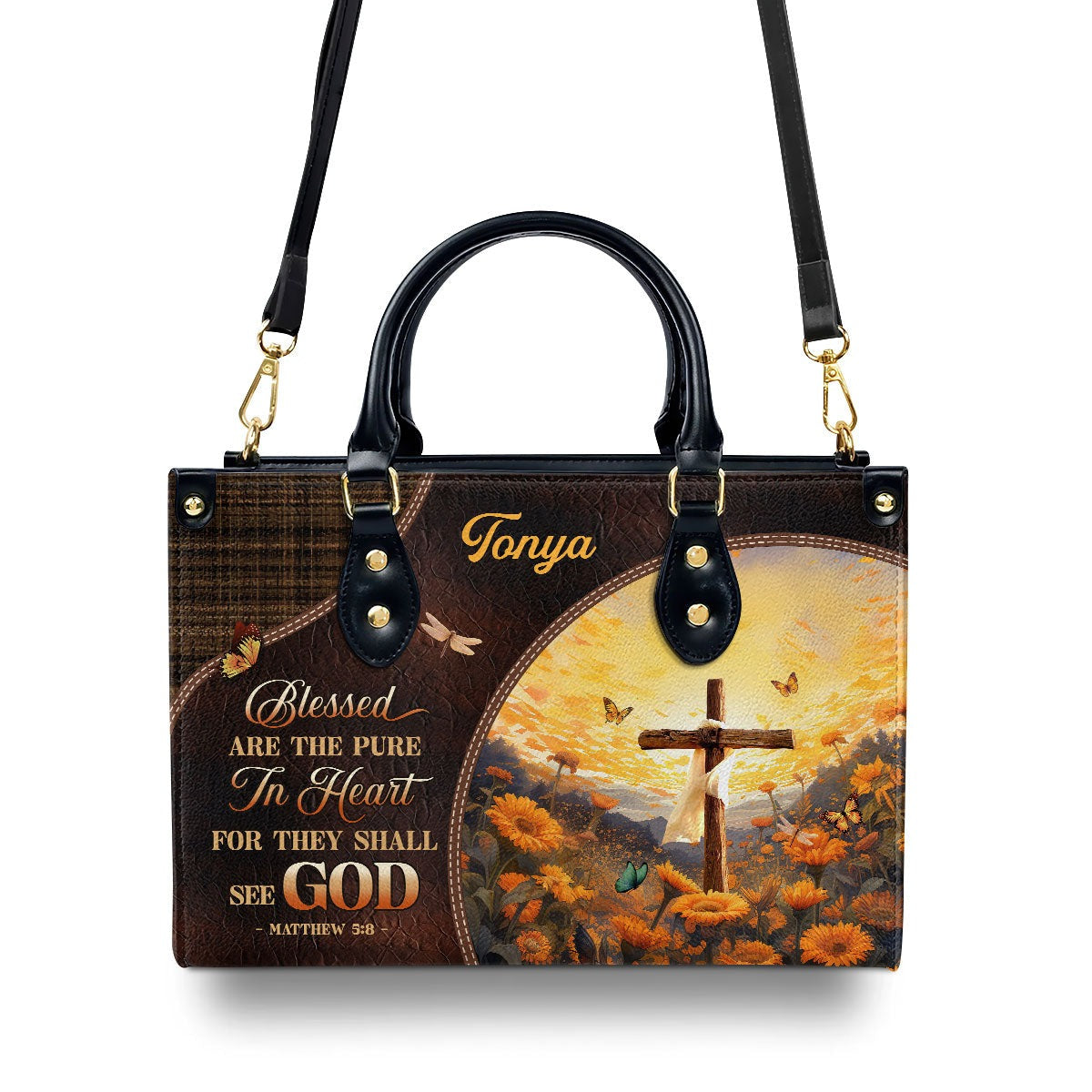 Personalized Christian Leather Handbag, Blessed Are the Pure in Heart Purse Matthew 5:8, Religious Gift for Christian Women BLAF43
